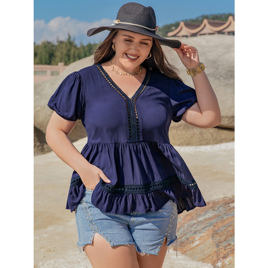 Plus Size Peplum V-Neck Short Sleeve Blouse Apparel and Accessories