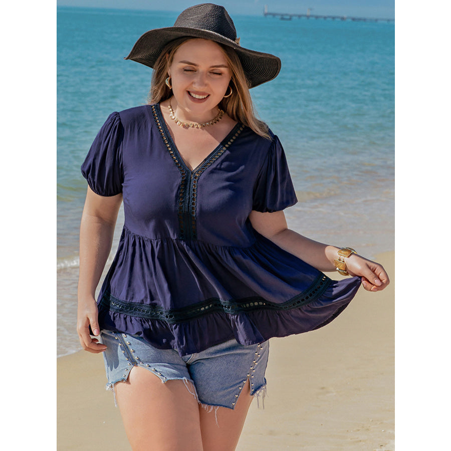 Plus Size Peplum V-Neck Short Sleeve Blouse Apparel and Accessories