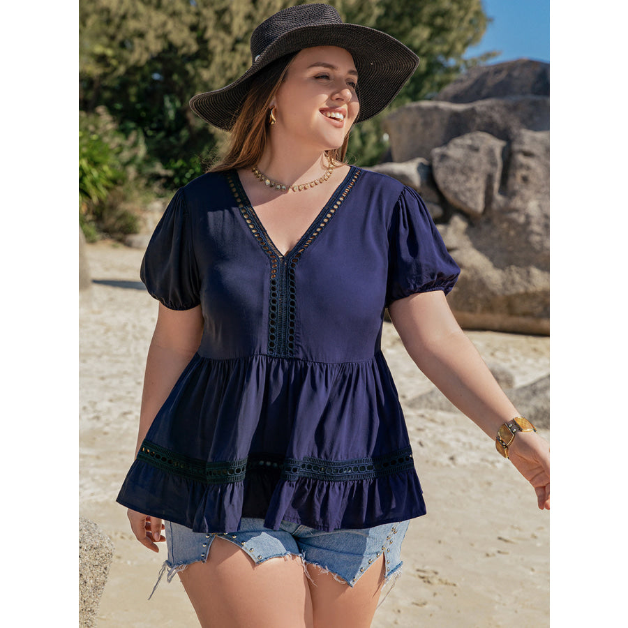 Plus Size Peplum V-Neck Short Sleeve Blouse Apparel and Accessories