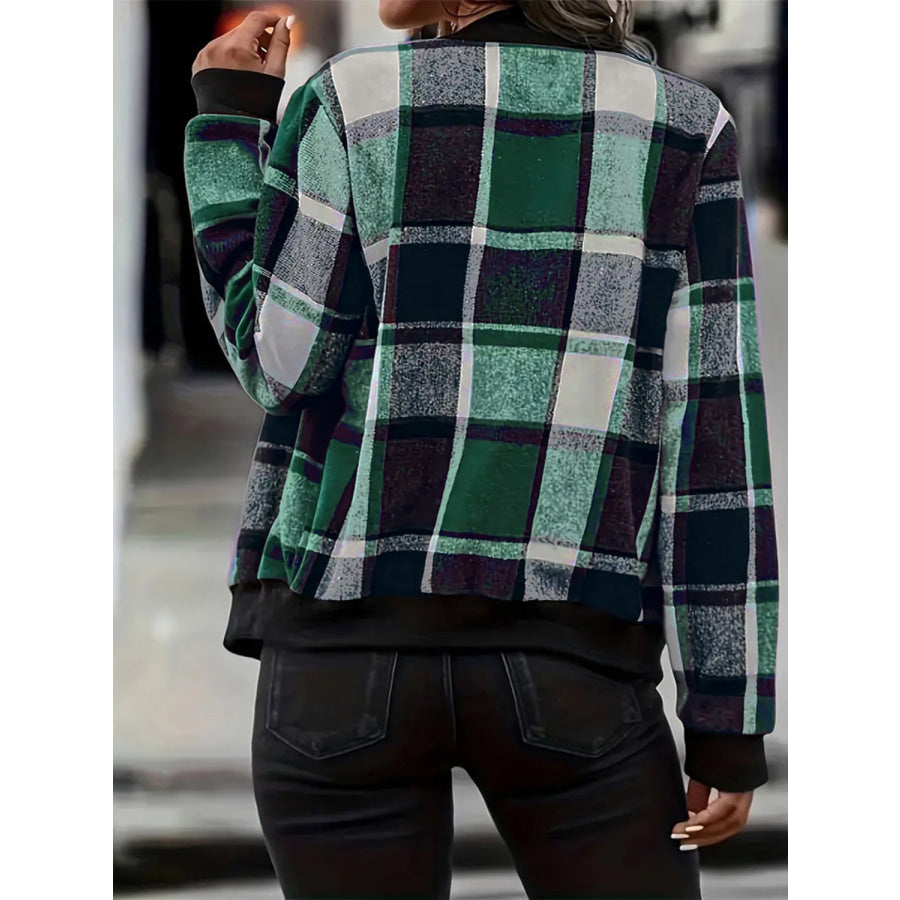 Plus Size Plaid Baseball Collar Zip Up Jacket Apparel and Accessories