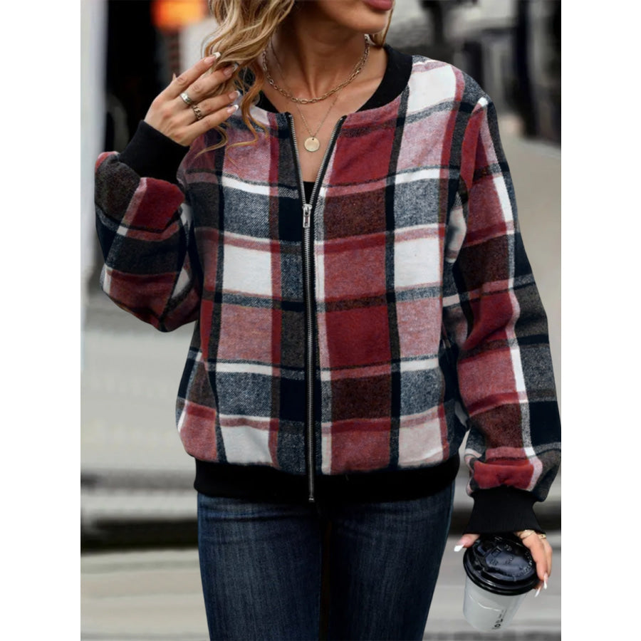 Plus Size Plaid Baseball Collar Zip Up Jacket Apparel and Accessories