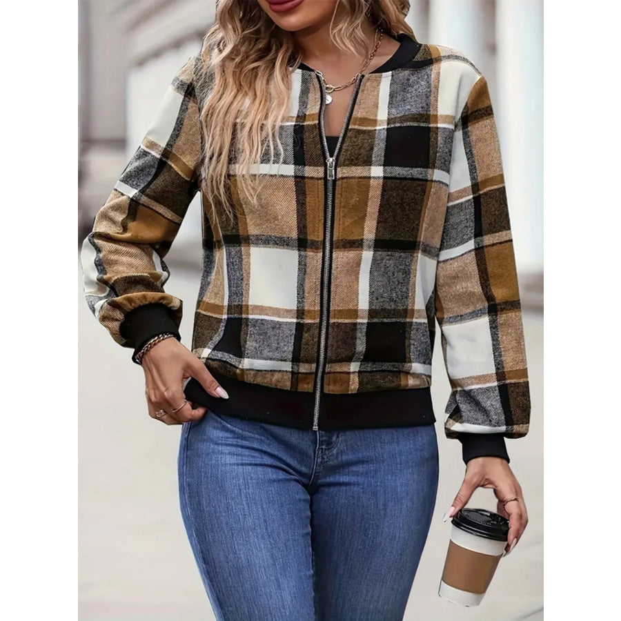 Plus Size Plaid Baseball Collar Zip Up Jacket Apparel and Accessories