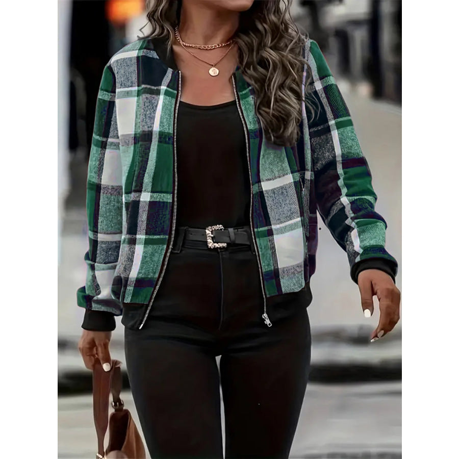 Plus Size Plaid Baseball Collar Zip Up Jacket Apparel and Accessories