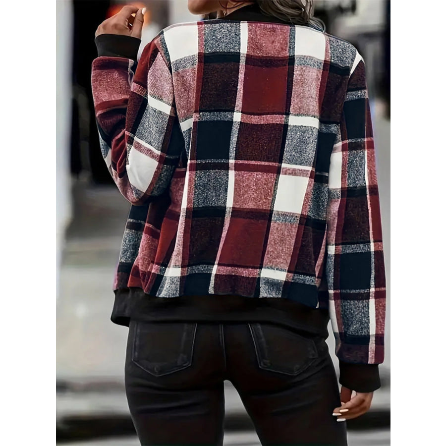 Plus Size Plaid Baseball Collar Zip Up Jacket Apparel and Accessories