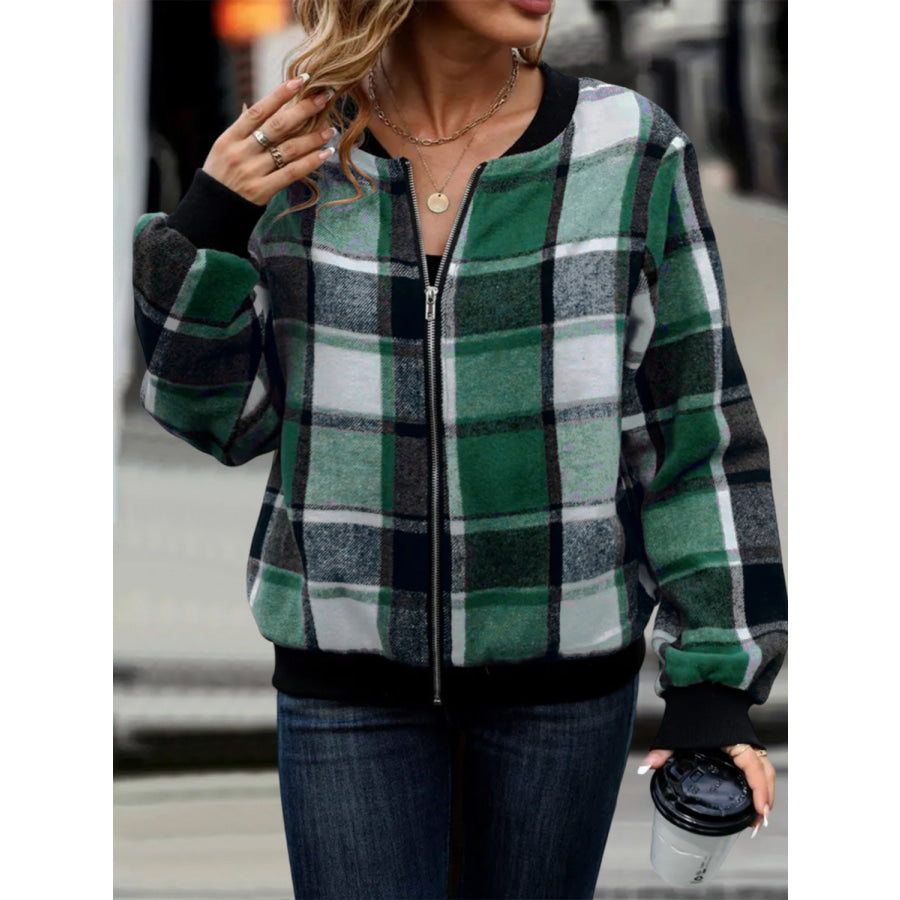 Plus Size Plaid Baseball Collar Zip Up Jacket Apparel and Accessories