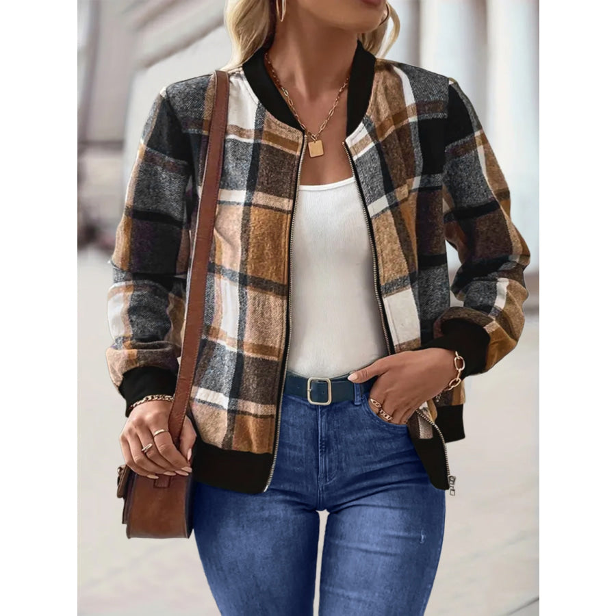 Plus Size Plaid Baseball Collar Zip Up Jacket Apparel and Accessories