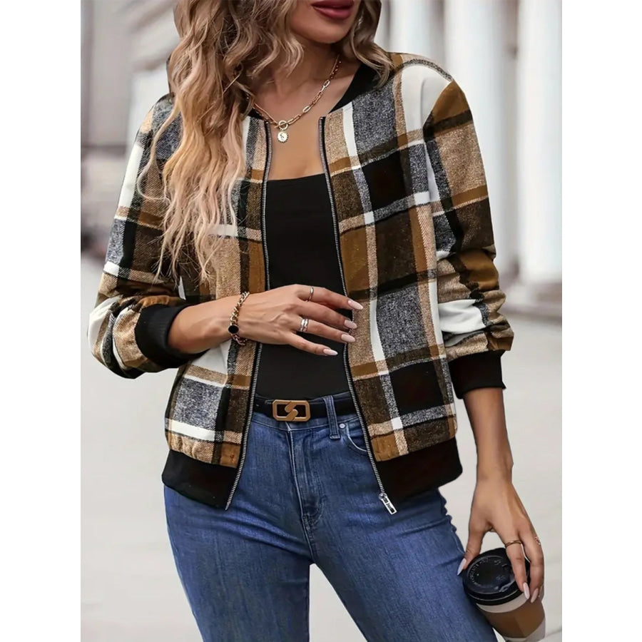 Plus Size Plaid Baseball Collar Zip Up Jacket Apparel and Accessories