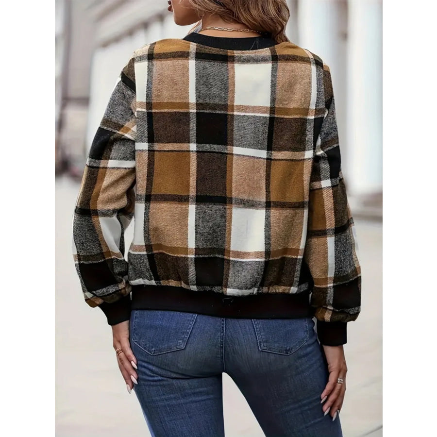 Plus Size Plaid Baseball Collar Zip Up Jacket Apparel and Accessories