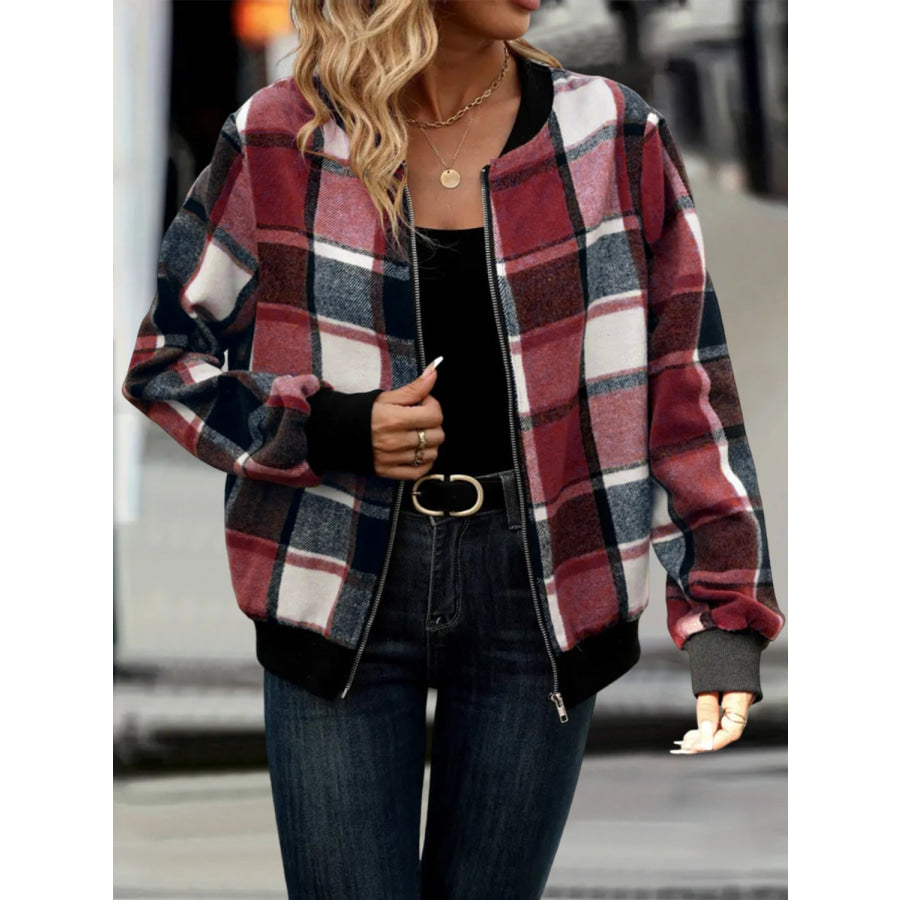 Plus Size Plaid Baseball Collar Zip Up Jacket Apparel and Accessories