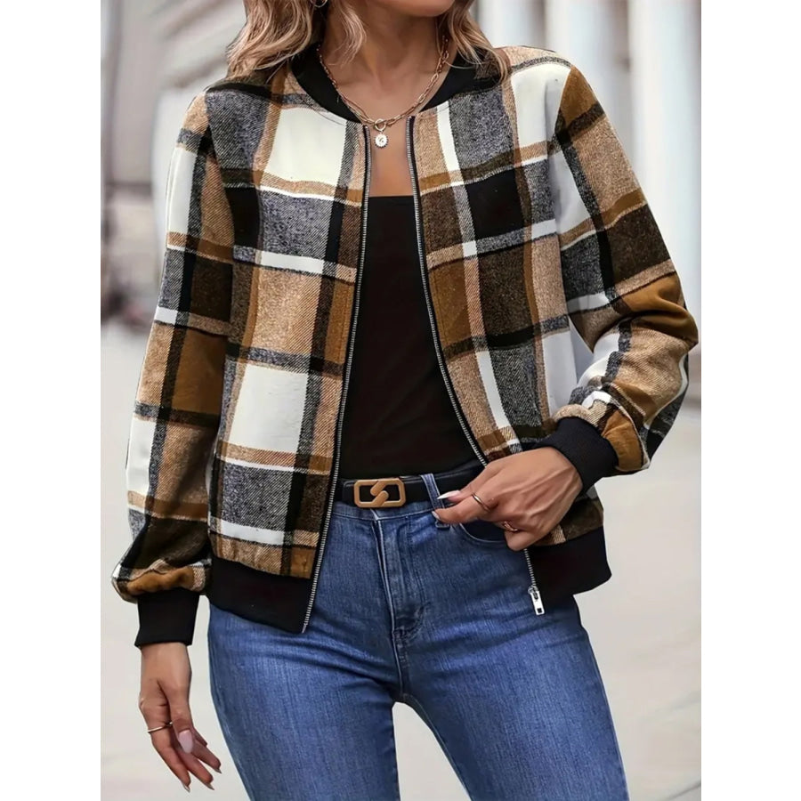 Plus Size Plaid Baseball Collar Zip Up Jacket Caramel / 1XL Apparel and Accessories