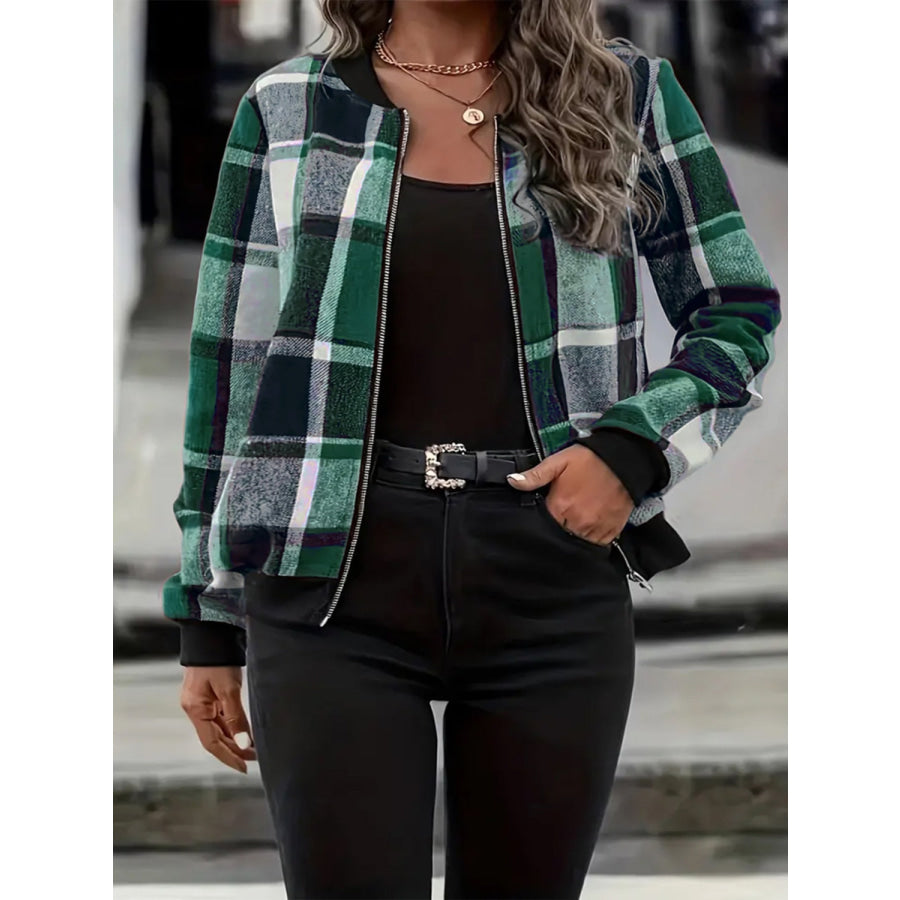 Plus Size Plaid Baseball Collar Zip Up Jacket Dark Green / 1XL Apparel and Accessories