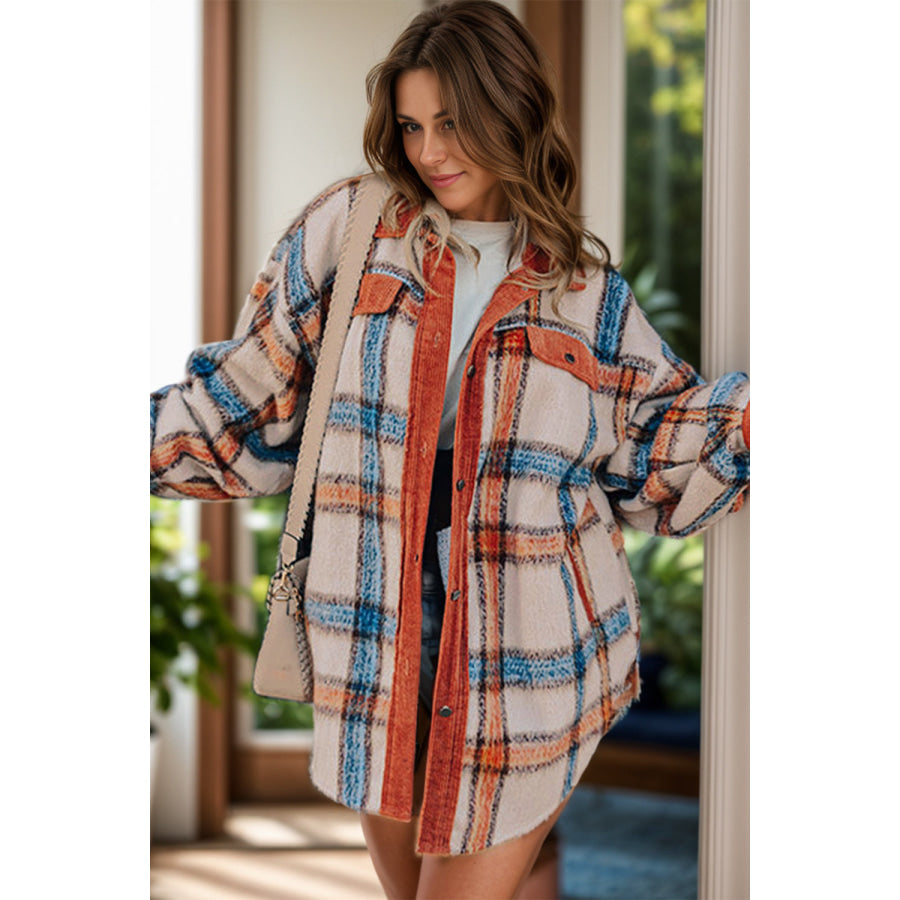 Plus Size Plaid Button Down Jacket Plaid / 1XL Apparel and Accessories