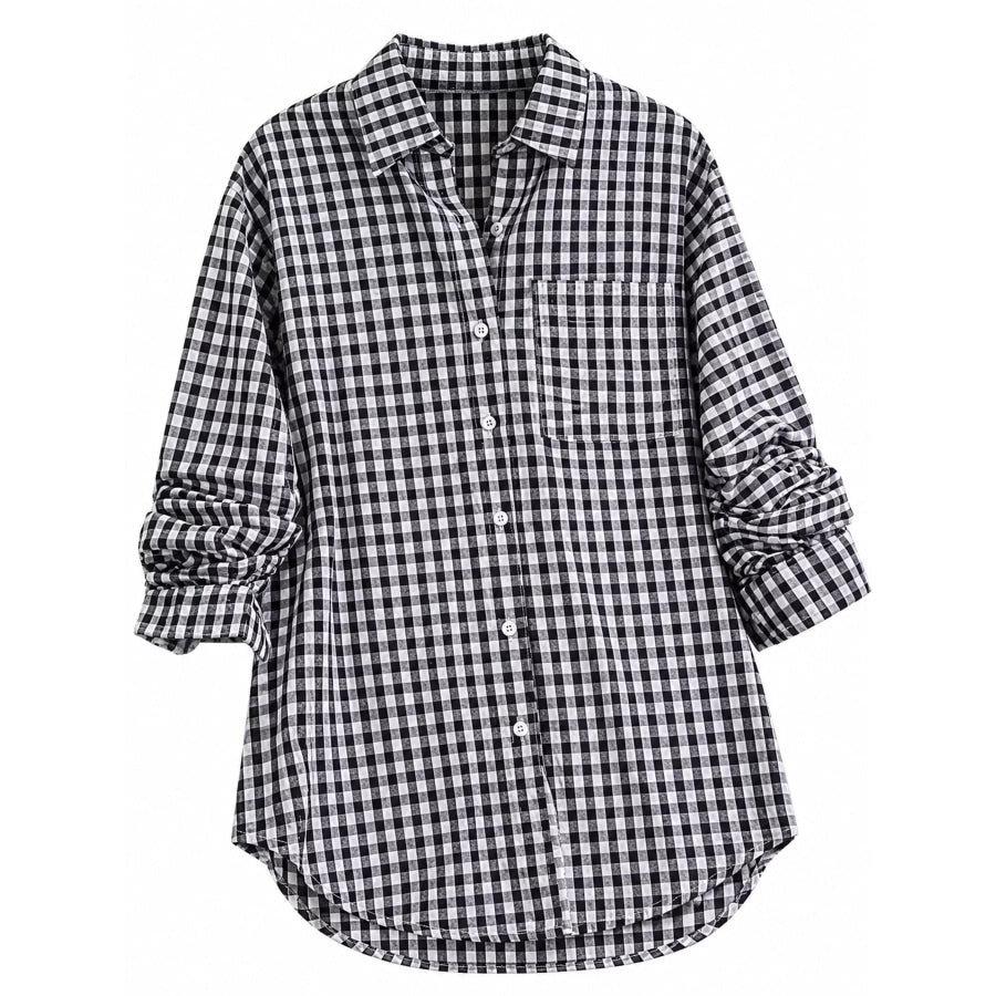 Plus Size Plaid Button-Down Long Sleeve Shirt Black / M Apparel and Accessories