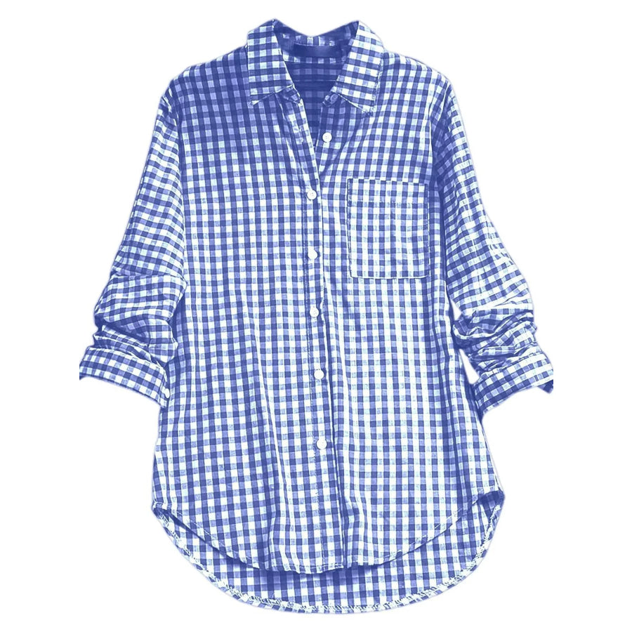 Plus Size Plaid Button-Down Long Sleeve Shirt Dark Blue / M Apparel and Accessories