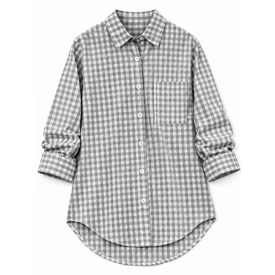 Plus Size Plaid Button-Down Long Sleeve Shirt Grey / M Apparel and Accessories