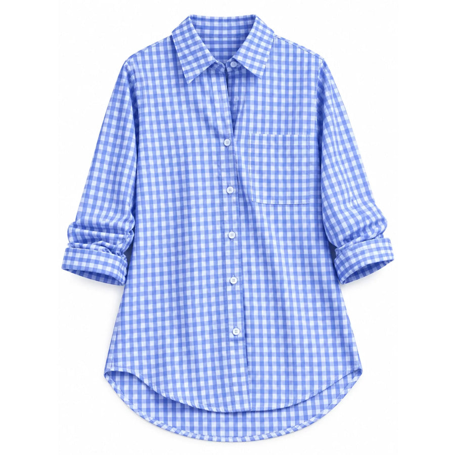 Plus Size Plaid Button-Down Long Sleeve Shirt Light Blue / M Apparel and Accessories