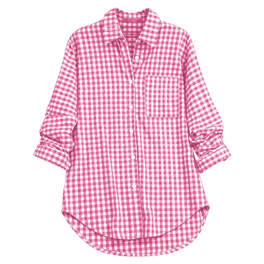 Plus Size Plaid Button-Down Long Sleeve Shirt Pink / M Apparel and Accessories