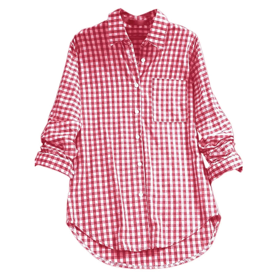 Plus Size Plaid Button-Down Long Sleeve Shirt Red / M Apparel and Accessories