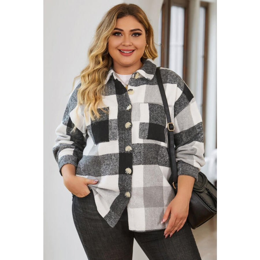 Plus Size Plaid Button Up Collared Neck Jacket Black / 1XL