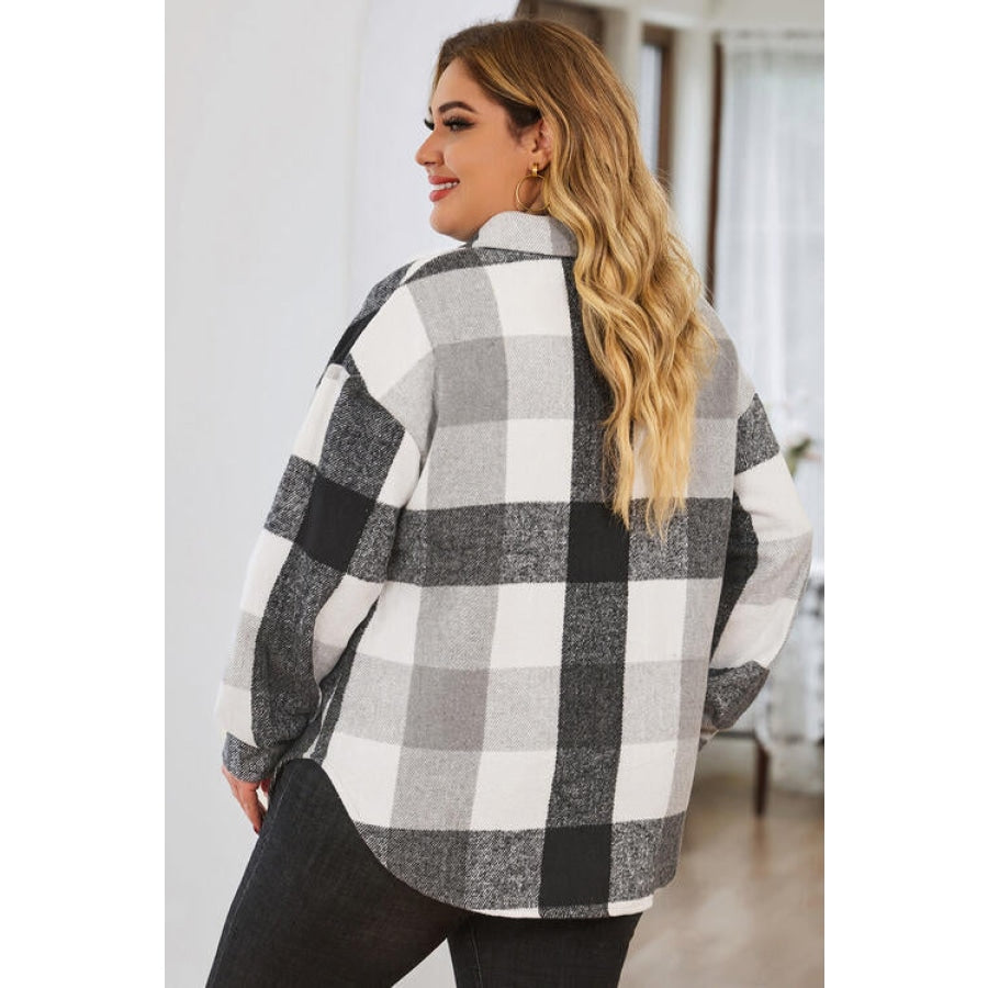 Plus Size Plaid Button Up Collared Neck Jacket