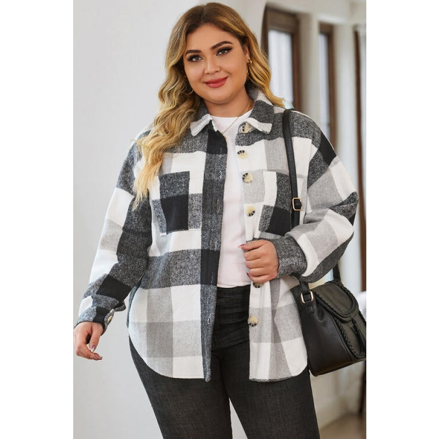 Plus Size Plaid Button Up Collared Neck Jacket