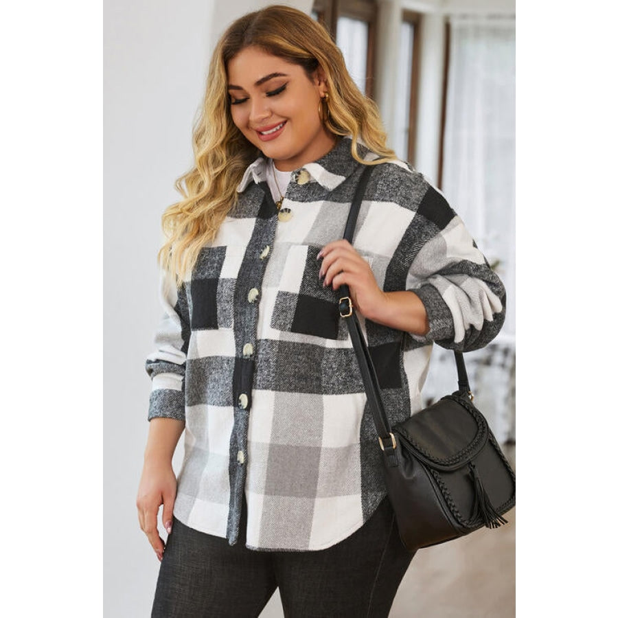 Plus Size Plaid Button Up Collared Neck Jacket