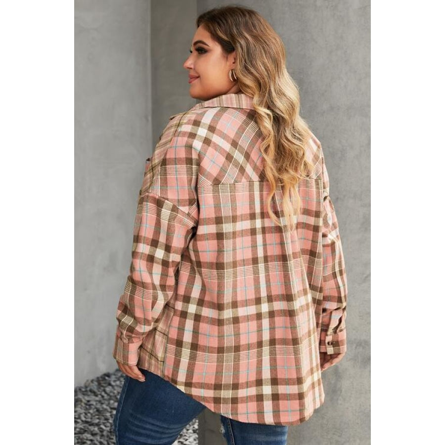 Plus Size Plaid Button Up Collared Neck Shirt