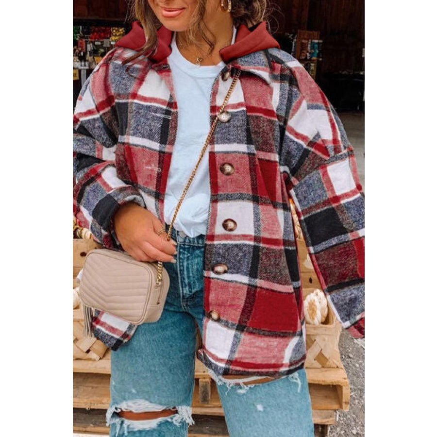 Plus Size Plaid Button Up Hooded Jacket Plaid / 1XL Clothing