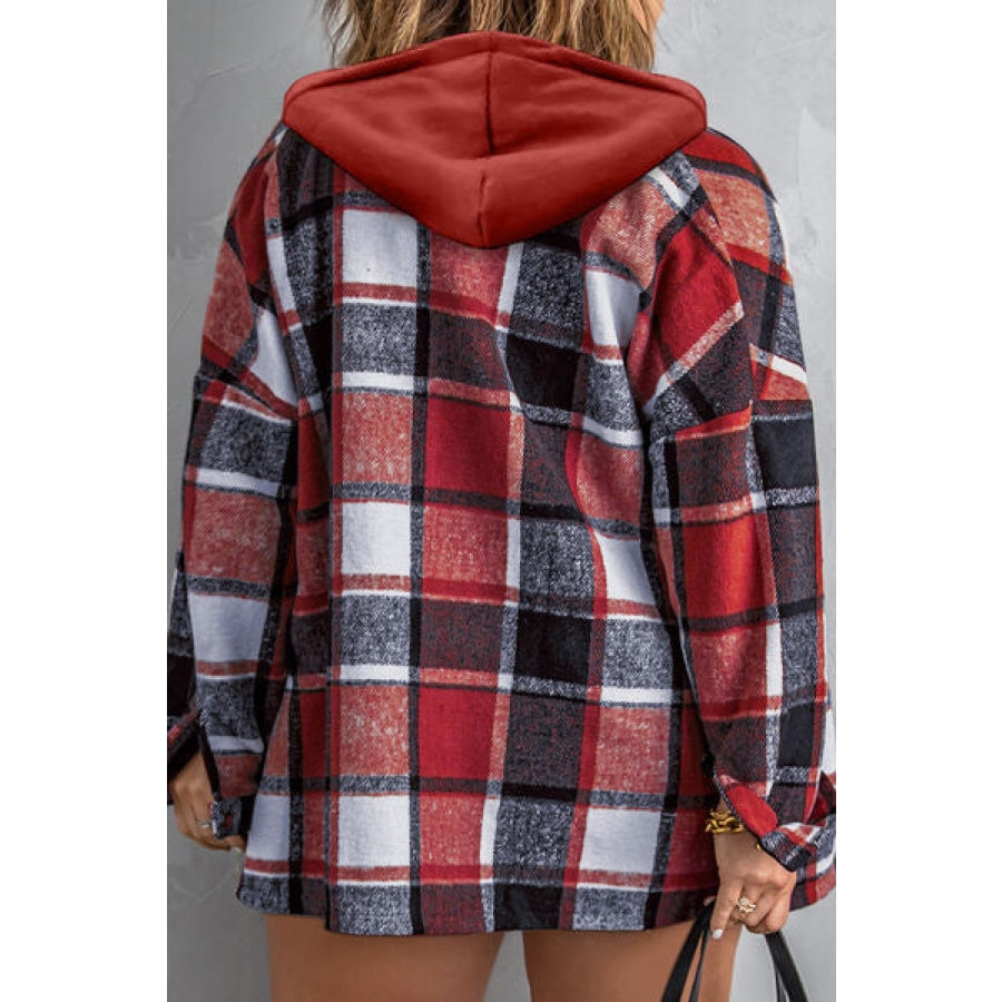 Plus Size Plaid Button Up Hooded Jacket Clothing