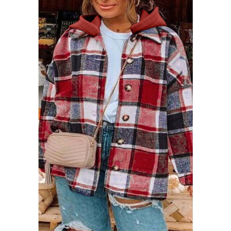 Plus Size Plaid Button Up Hooded Jacket Clothing