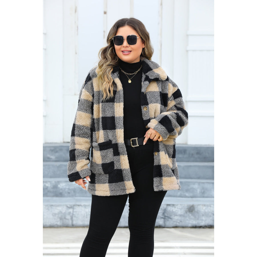 Plus Size Plaid Button Up Long Sleeve Coat Apparel and Accessories