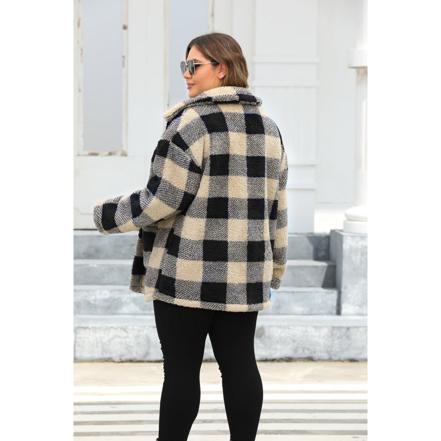 Plus Size Plaid Button Up Long Sleeve Coat Apparel and Accessories