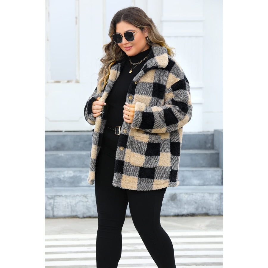 Plus Size Plaid Button Up Long Sleeve Coat Apparel and Accessories