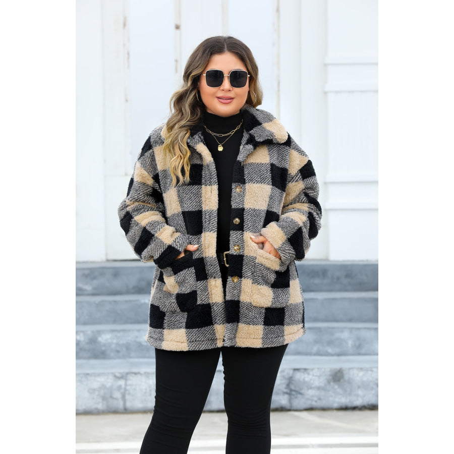 Plus Size Plaid Button Up Long Sleeve Coat Apparel and Accessories