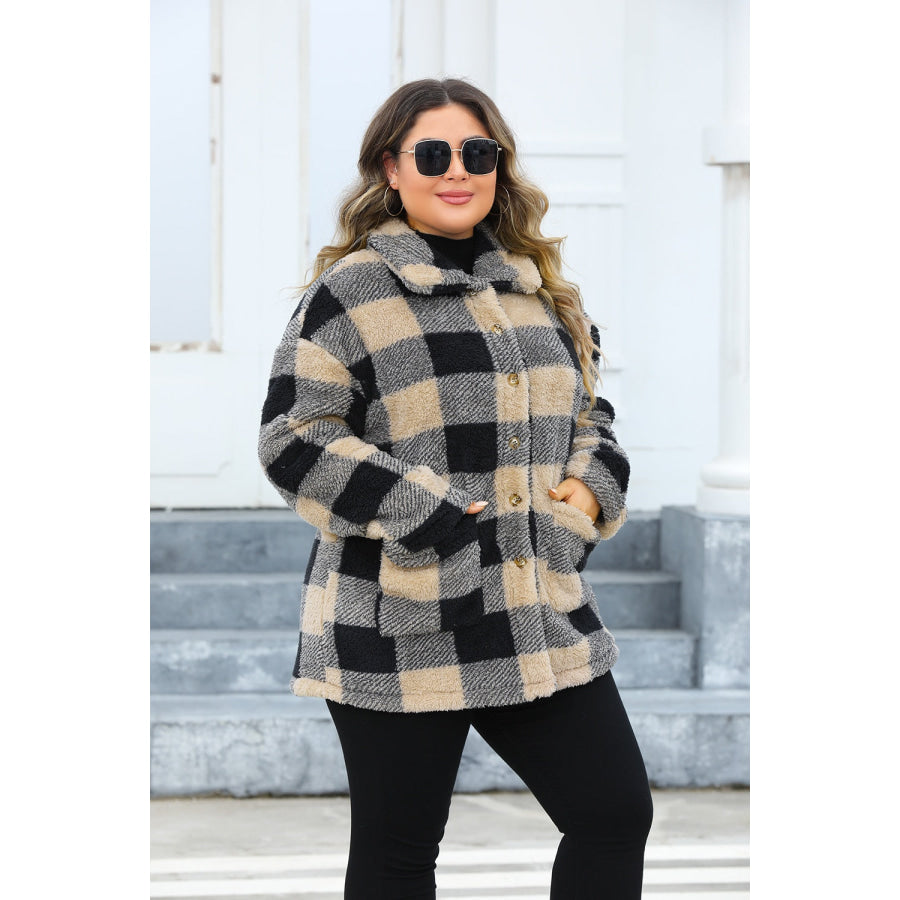 Plus Size Plaid Button Up Long Sleeve Coat Apparel and Accessories