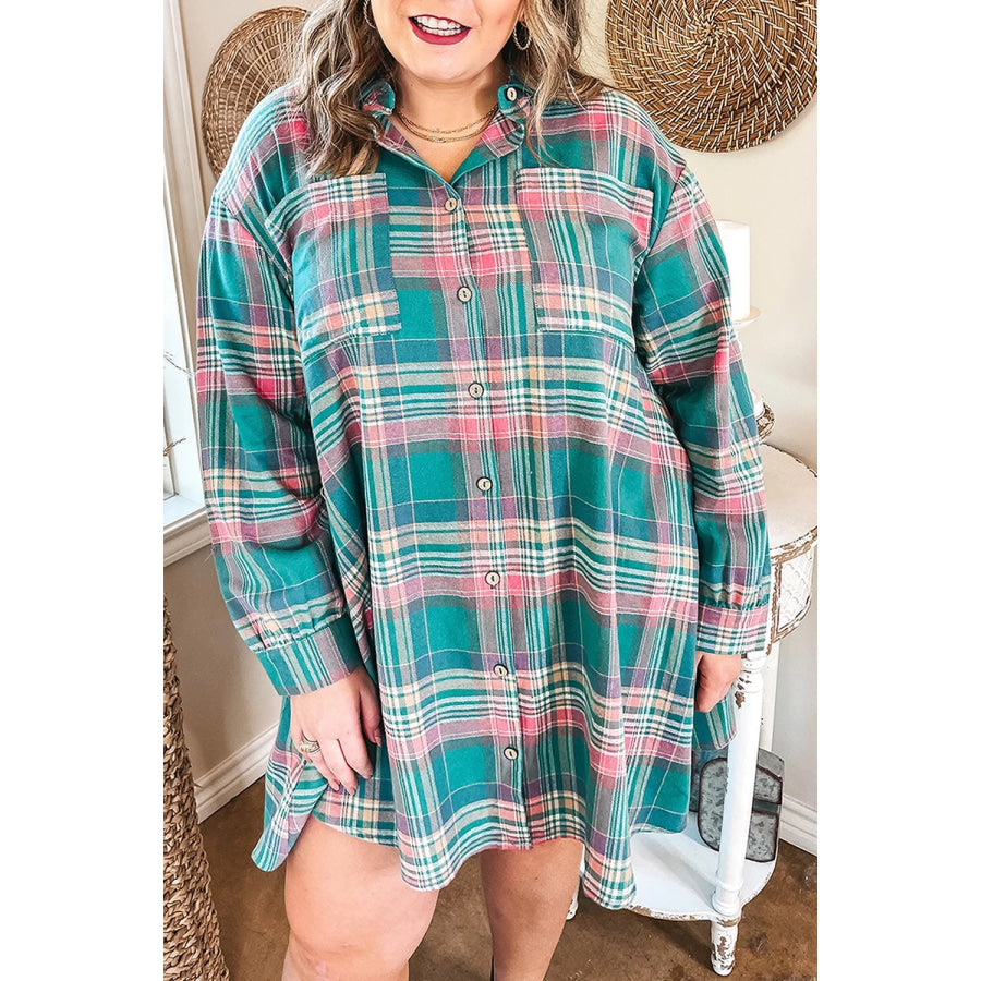 Plus Size Plaid Button-Up Shift Long Sleeve Dress Apparel and Accessories
