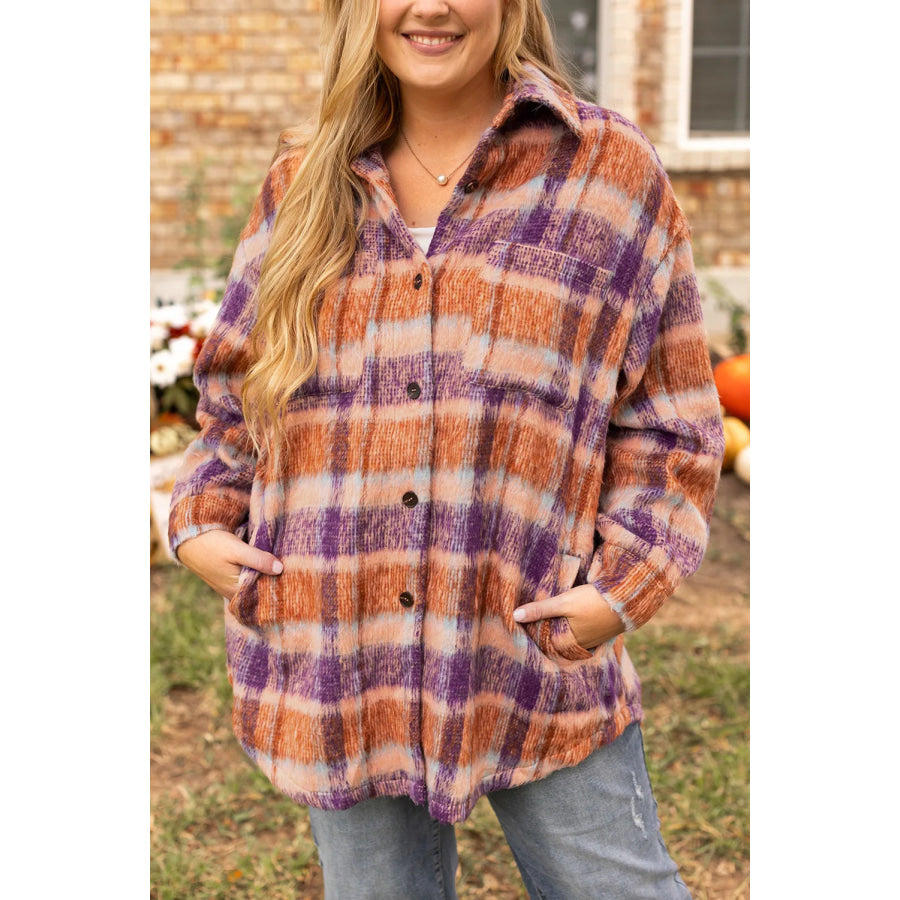 Plus Size Plaid Collared Neck Long Sleeve Jacket Plaid / 1XL Apparel and Accessories