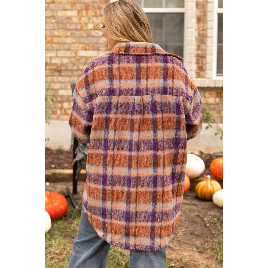 Plus Size Plaid Collared Neck Long Sleeve Jacket Apparel and Accessories