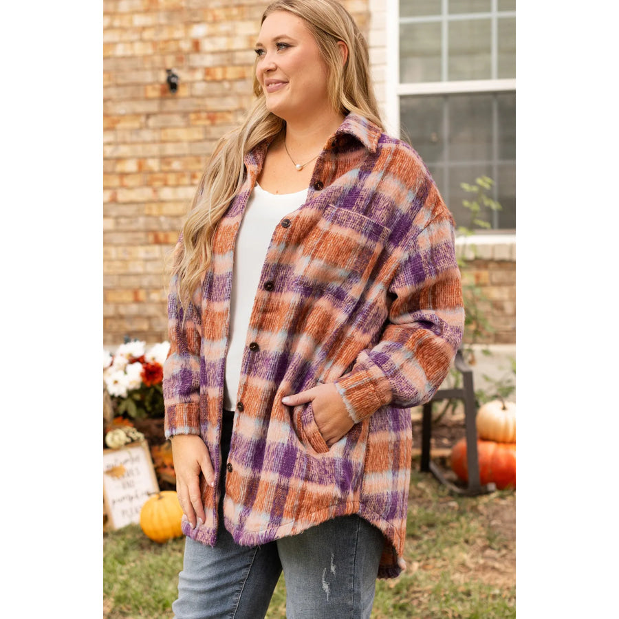 Plus Size Plaid Collared Neck Long Sleeve Jacket Apparel and Accessories