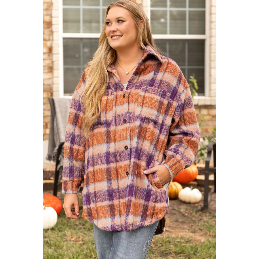 Plus Size Plaid Collared Neck Long Sleeve Jacket Apparel and Accessories