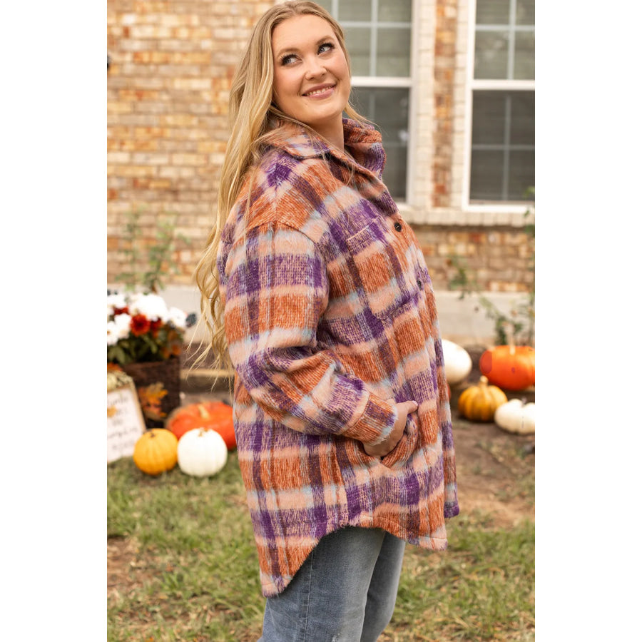 Plus Size Plaid Collared Neck Long Sleeve Jacket Apparel and Accessories