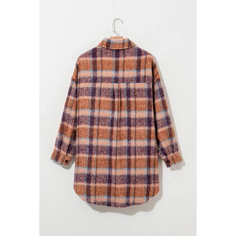 Plus Size Plaid Collared Neck Long Sleeve Jacket Apparel and Accessories