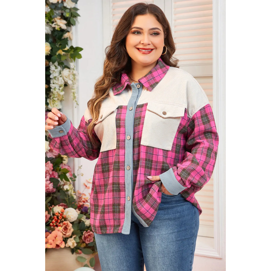 Plus Size Plaid Collared Neck Long Sleeve Shirt Apparel and Accessories