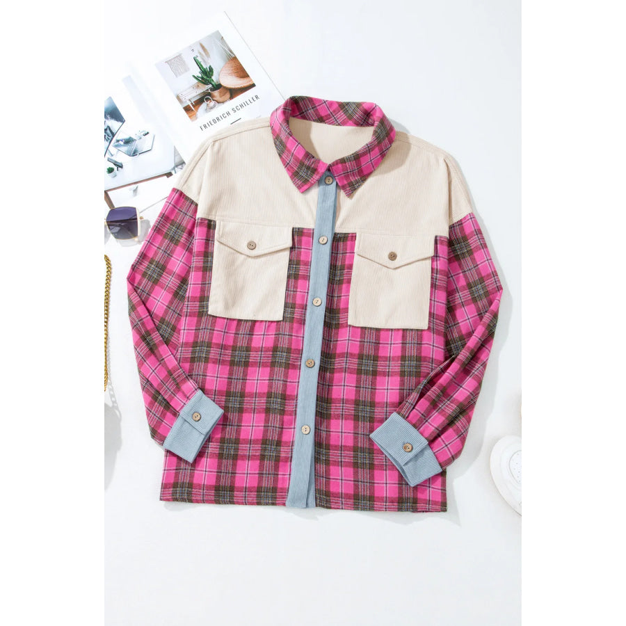 Plus Size Plaid Collared Neck Long Sleeve Shirt Apparel and Accessories