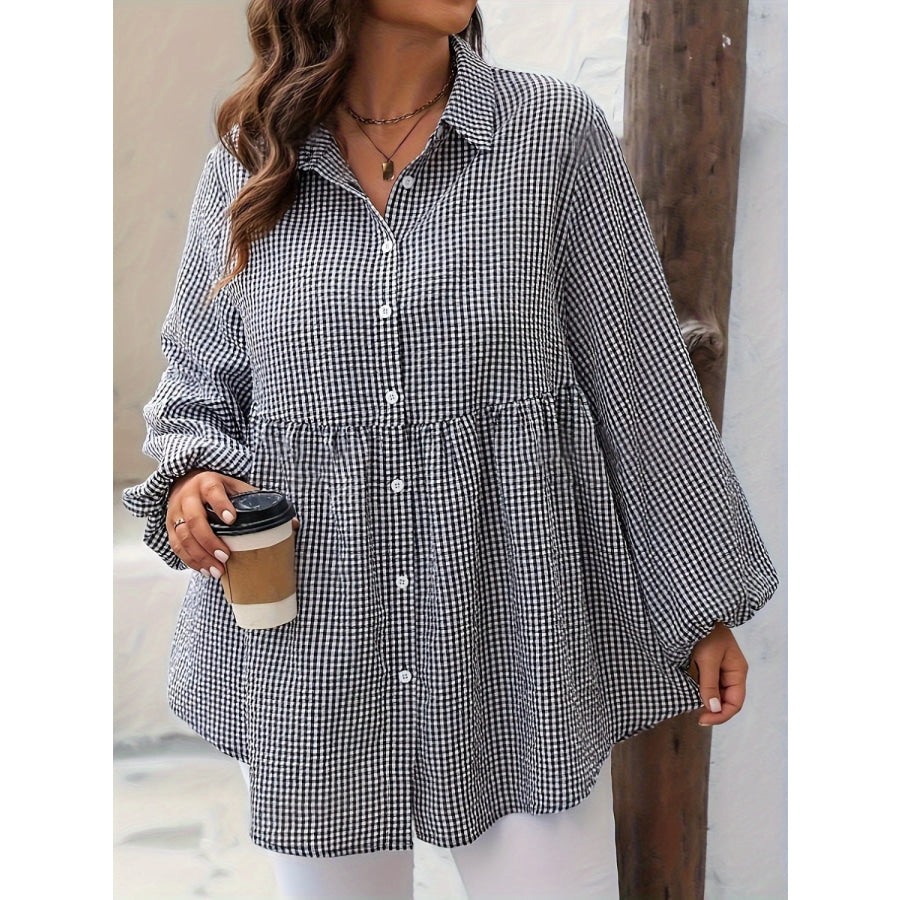 Plus Size Plaid Collared Neck Long Sleeve Shirt Apparel and Accessories