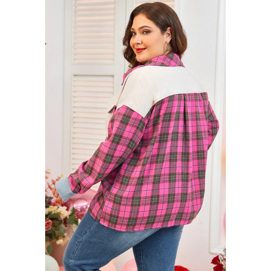 Plus Size Plaid Collared Neck Long Sleeve Shirt Apparel and Accessories