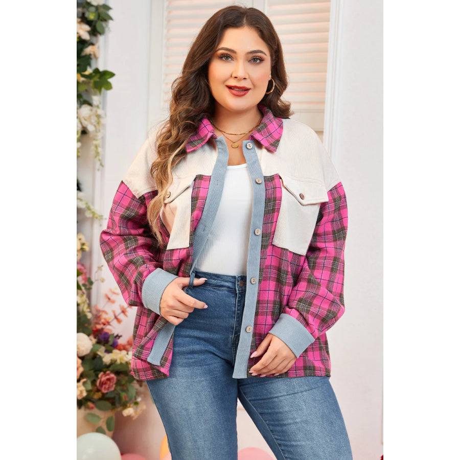 Plus Size Plaid Collared Neck Long Sleeve Shirt Hot Pink / 1XL Apparel and Accessories