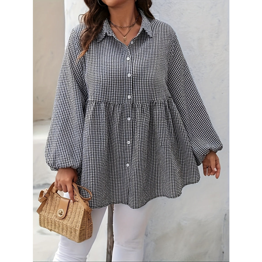 Plus Size Plaid Collared Neck Long Sleeve Shirt Apparel and Accessories