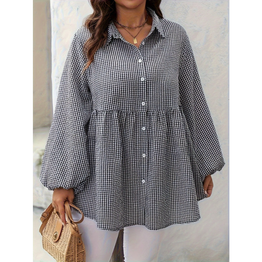 Plus Size Plaid Collared Neck Long Sleeve Shirt Black / L Apparel and Accessories