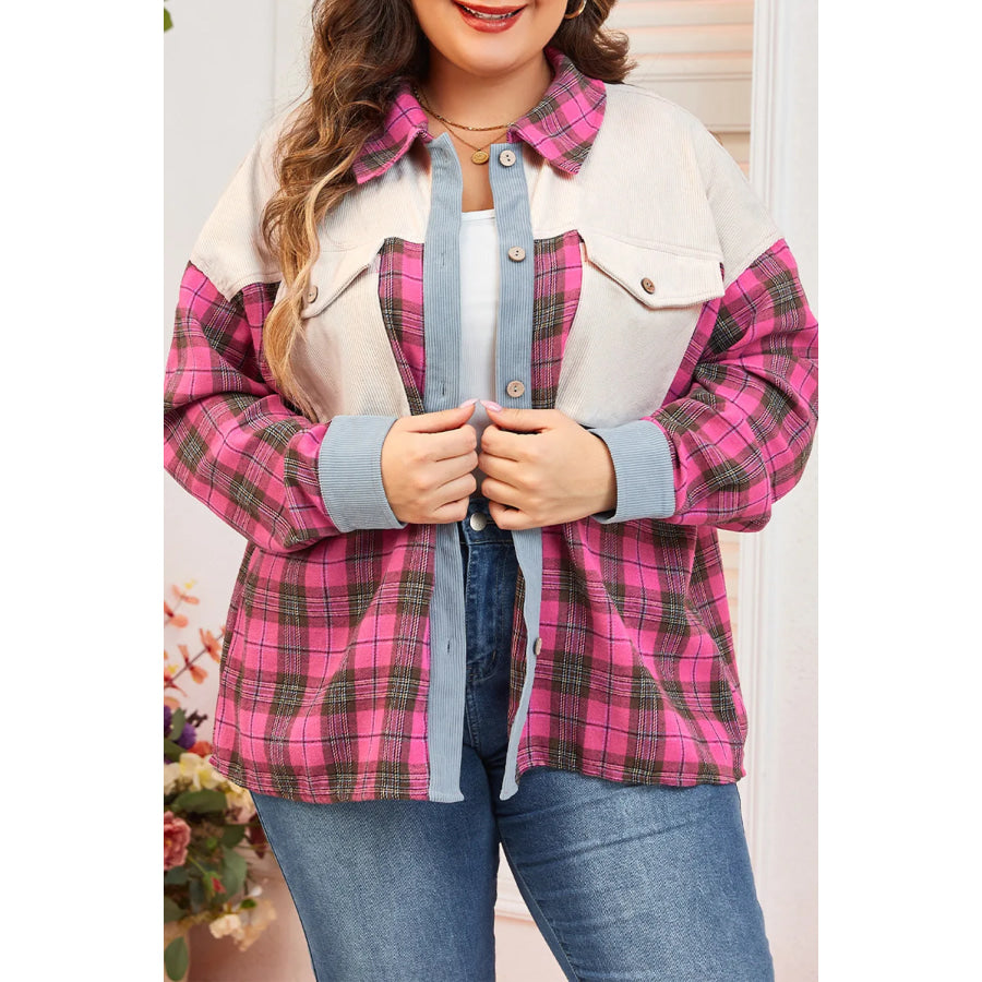 Plus Size Plaid Collared Neck Long Sleeve Shirt Hot Pink / 1XL Apparel and Accessories